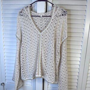 POL WOMENS LARGE BOHO CROCHET IVORY OVERSIZED HOODIE SWEATER BELL SLEEVES BOXY